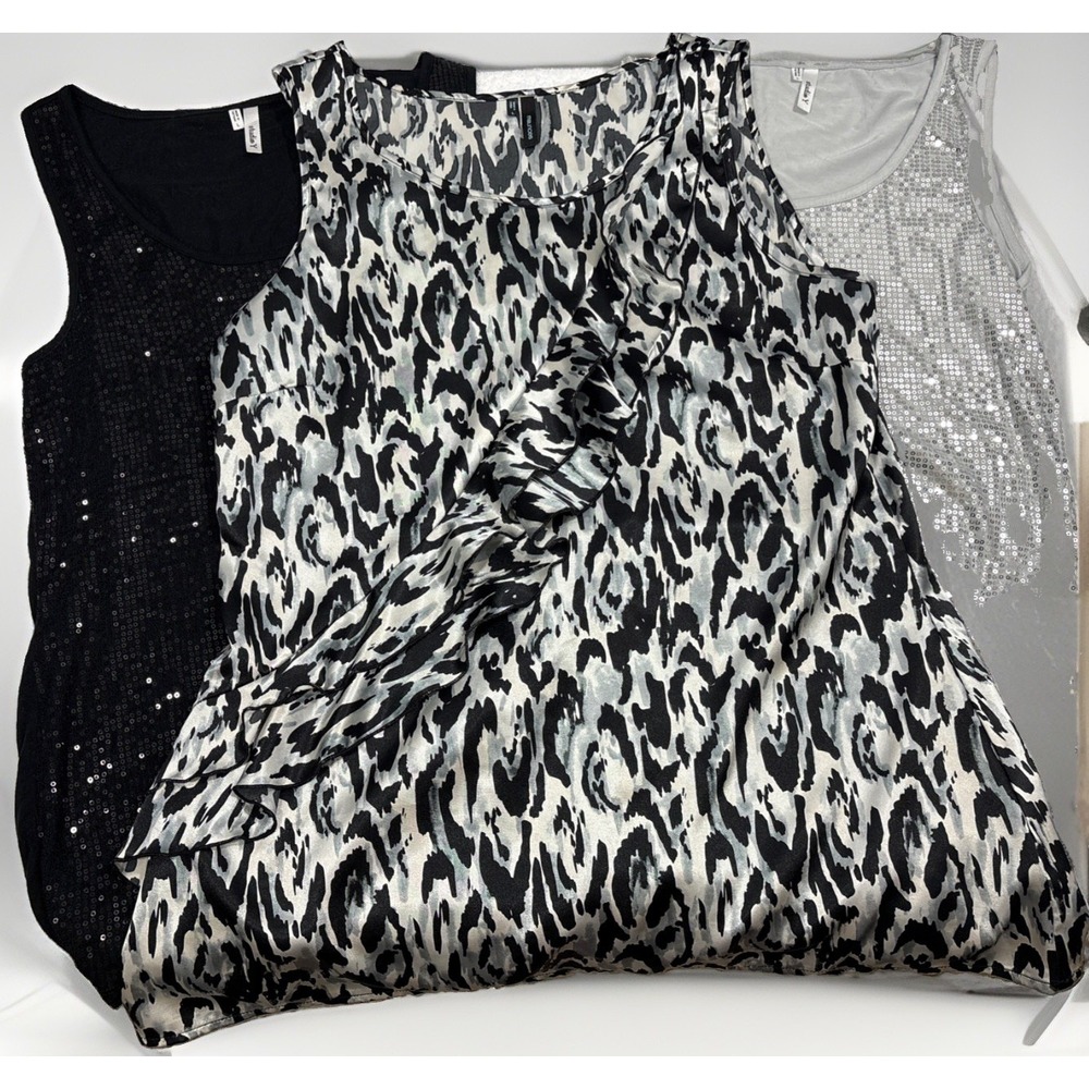 Lot of 3 Maurices Studio Y Sequin Animal Print Ruffle Tank Tops Large Party Club